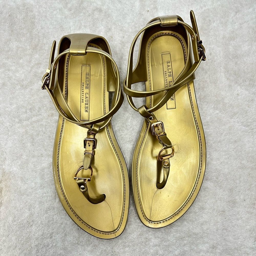 ⛔️SOLD⛔️NEW Ralph Lauren Collection Gold Jelly Strappy Horse bit Thong Buckl - Picture 3 of 9